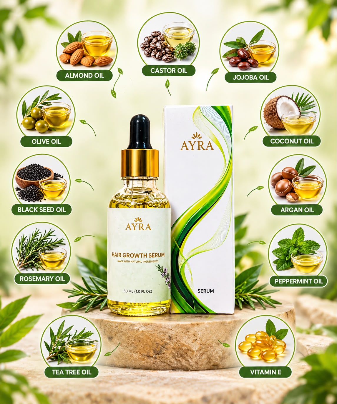 AYRA Hair Growth Serum 30ml Transparent Dropper Bottle and Box
